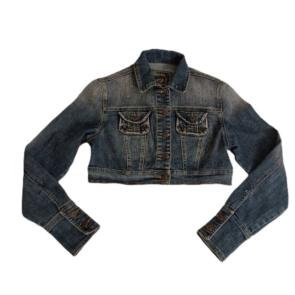 Star Jeans Jacket Y2K Cropped Denim Blue Button Pockets Women's Size S - Picture 3 of 16